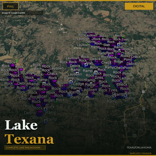 Map of Lake Texana with various fishing spots marked on a digital interface.