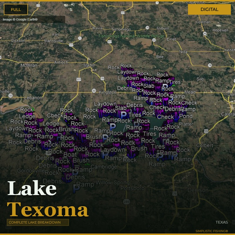 Map of Lake Texoma with various locations marked on a digital version.