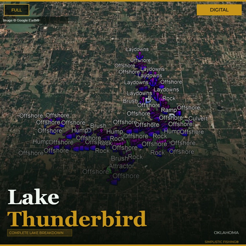 Map of Lake Thunderbird with fishing spots marked on a digital display.