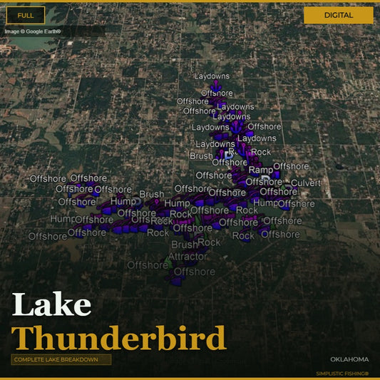 Map of Lake Thunderbird with fishing spots marked on a digital display.