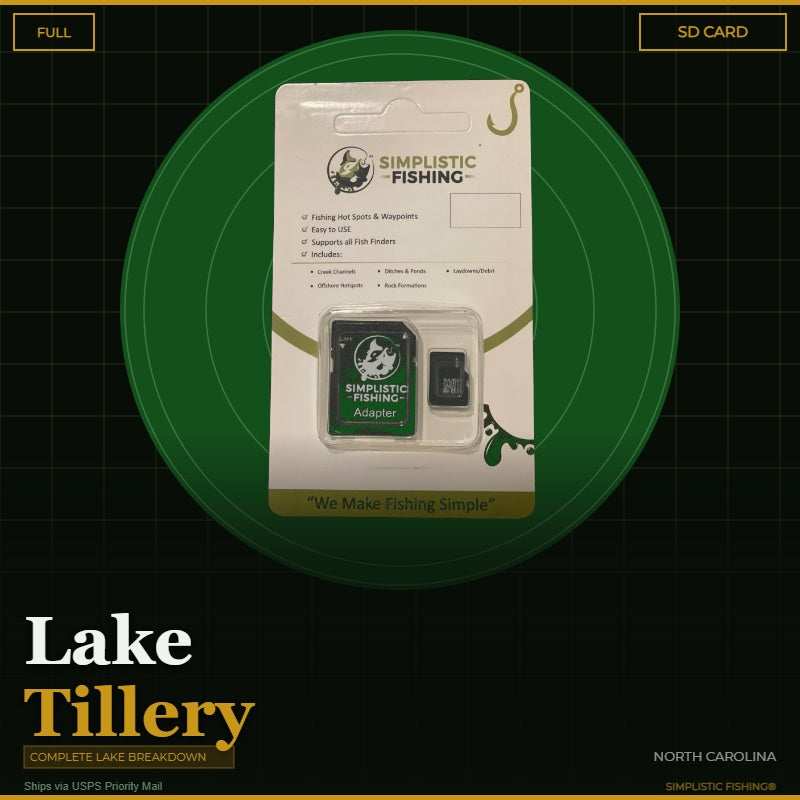 Simplistic Fishing SD card packaging on a green circle with 'Lake Wylie' text.