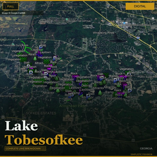 Map of Lake Tobesofkee with various points of interest labeled
