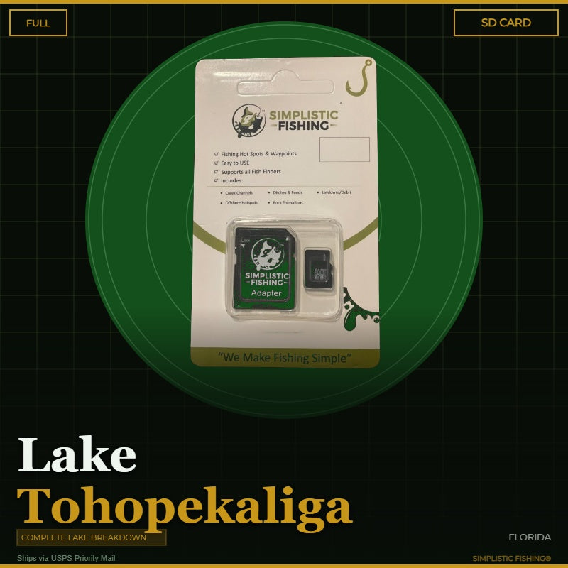 Simplistic Fishing SD card packaging with text 'Lake Maxinkuckee' on a green circular background.