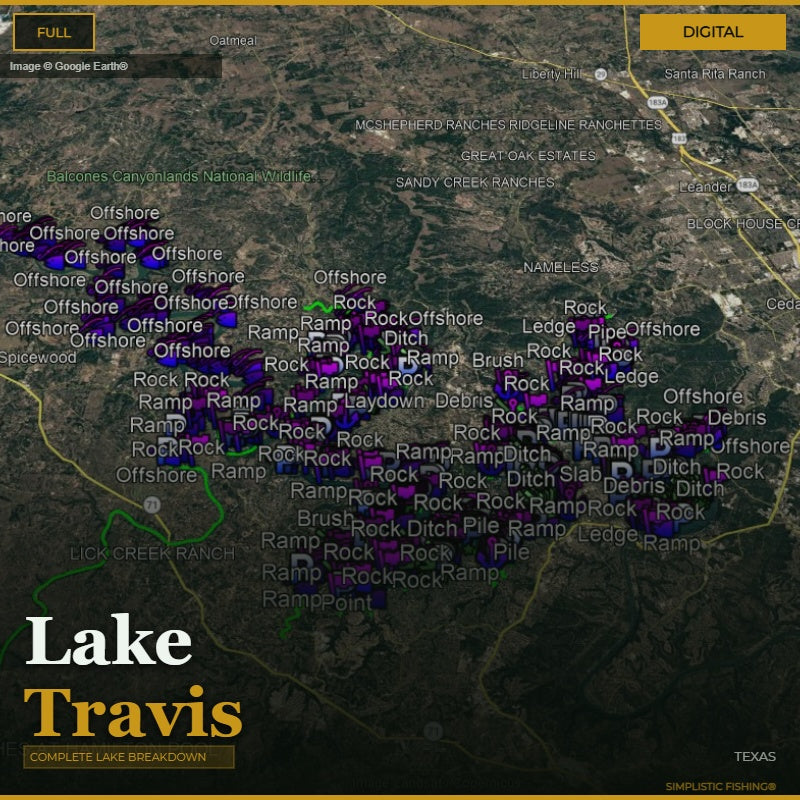 Map of Lake Travis with various fishing points labeled on a digital display.
