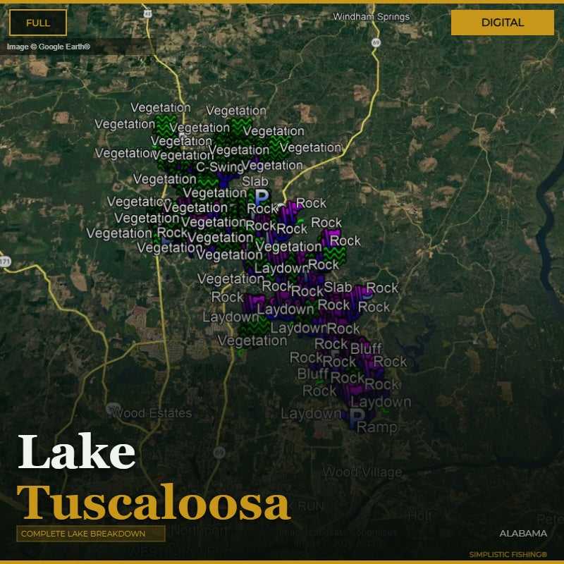 Map of Lake Tuscaloosa with various markers indicating vegetation, rock, and other features.