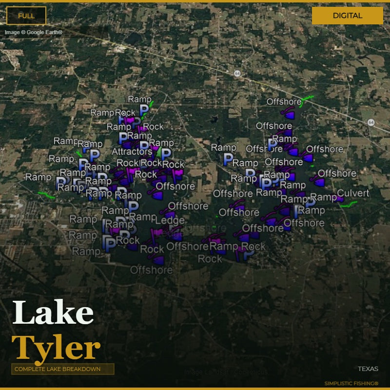 Map of Lake Tyler with various markers indicating different types of features.