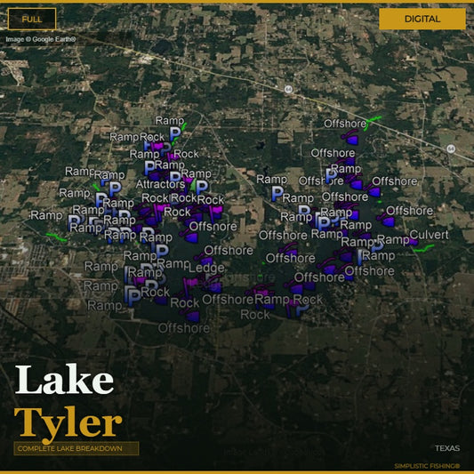 Map of Lake Tyler with various markers indicating different types of features.