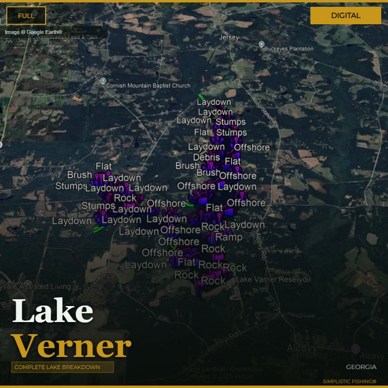 Map of Lake Varner with fishing spots marked on a digital display.