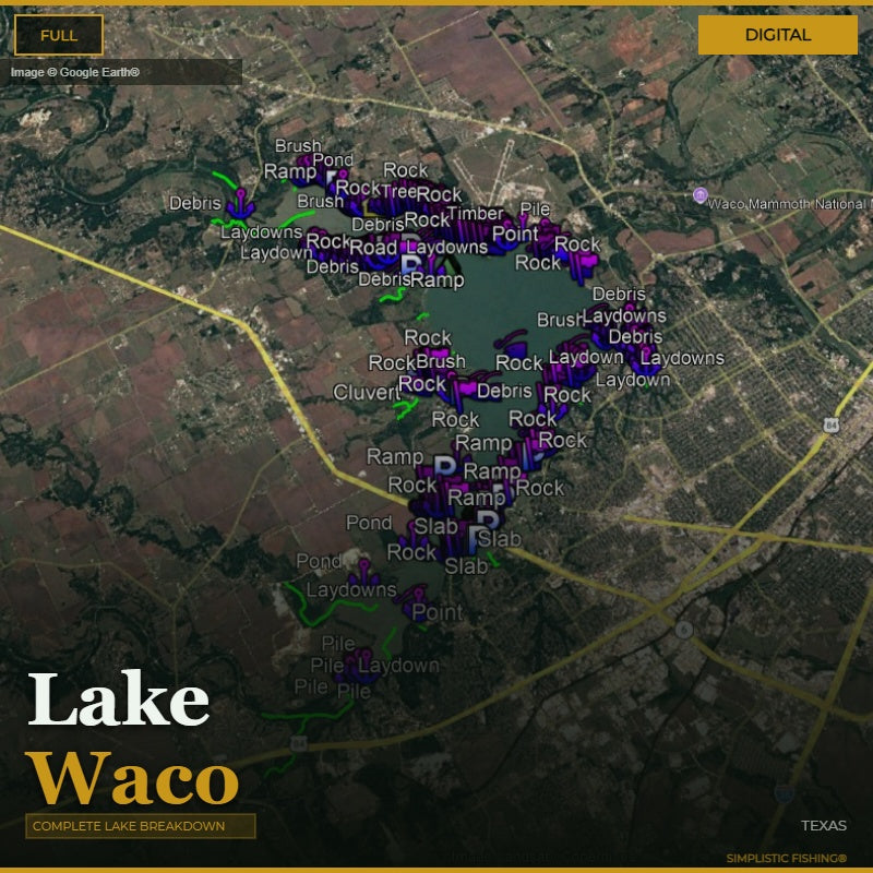 Map of Lake Waco with various fishing spots labeled on a digital interface.