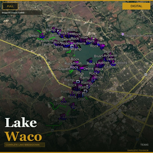 Map of Lake Waco with various fishing spots labeled on a digital interface.