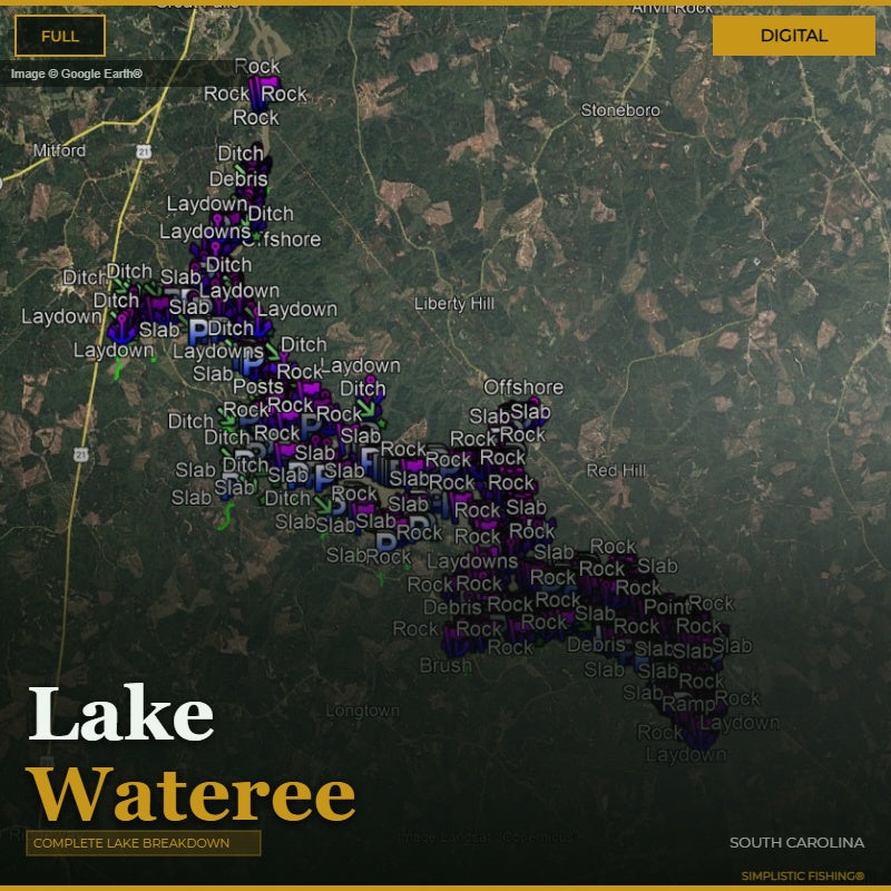 Map of Lake Wateree with fishing spots marked on a digital display.