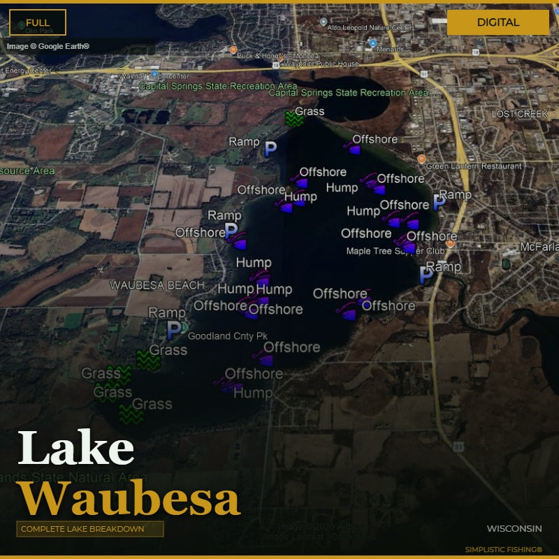 Map of Lake Waubesa with fishing spots marked on a digital display.