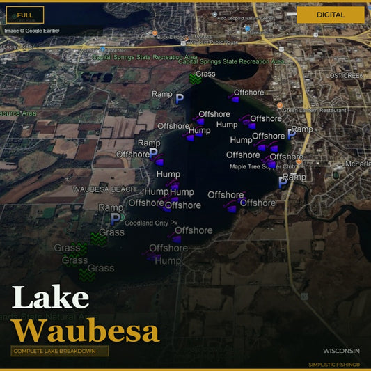 Map of Lake Waubesa with fishing spots marked on a digital display.