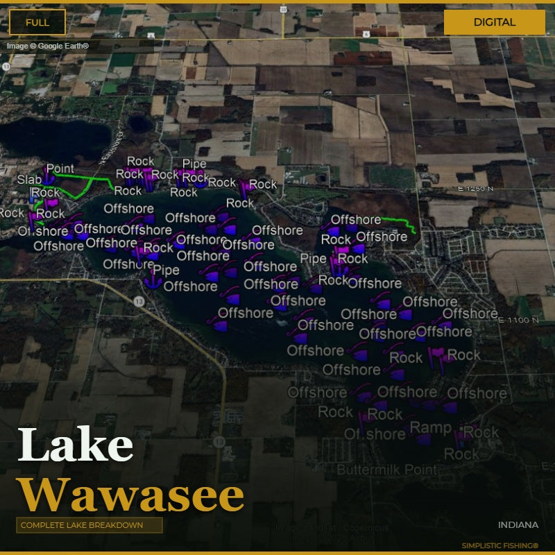 Map of Lake Wawasee with fishing points and hazards labeled