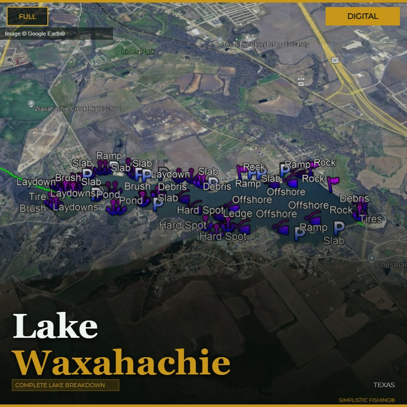 Aerial map of Lake Waxahachie with various markers indicating hazards.
