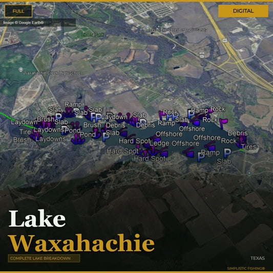Aerial map of Lake Waxahachie with various markers indicating hazards.