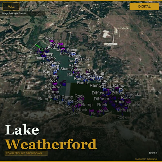 Map of Lake Weatherford with various markers indicating different types of fishing spots.