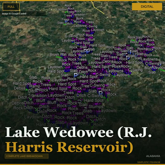 Map of Lake Wedowee with fishing spots labeled on a digital interface.