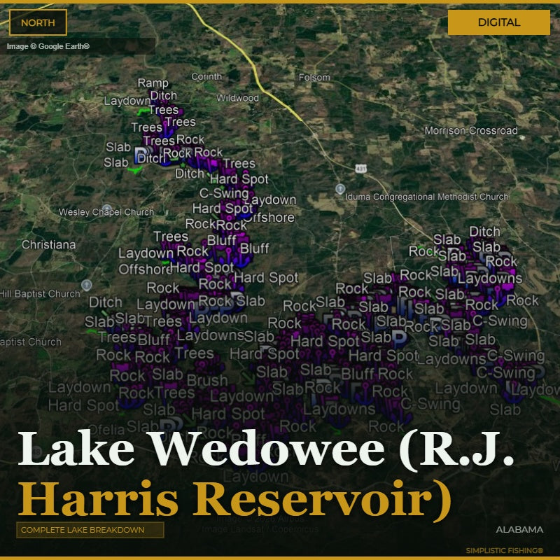 Map of Lake Wedowee with fishing spots labeled on a digital display.