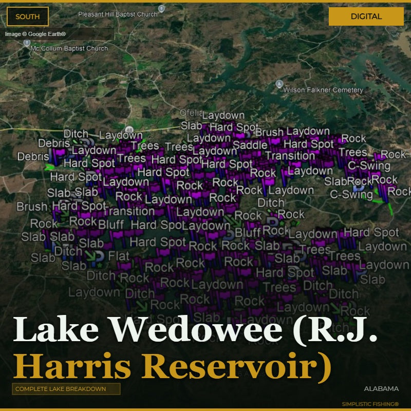 Map of Lake Wedowee with fishing spots labeled on a digital display.