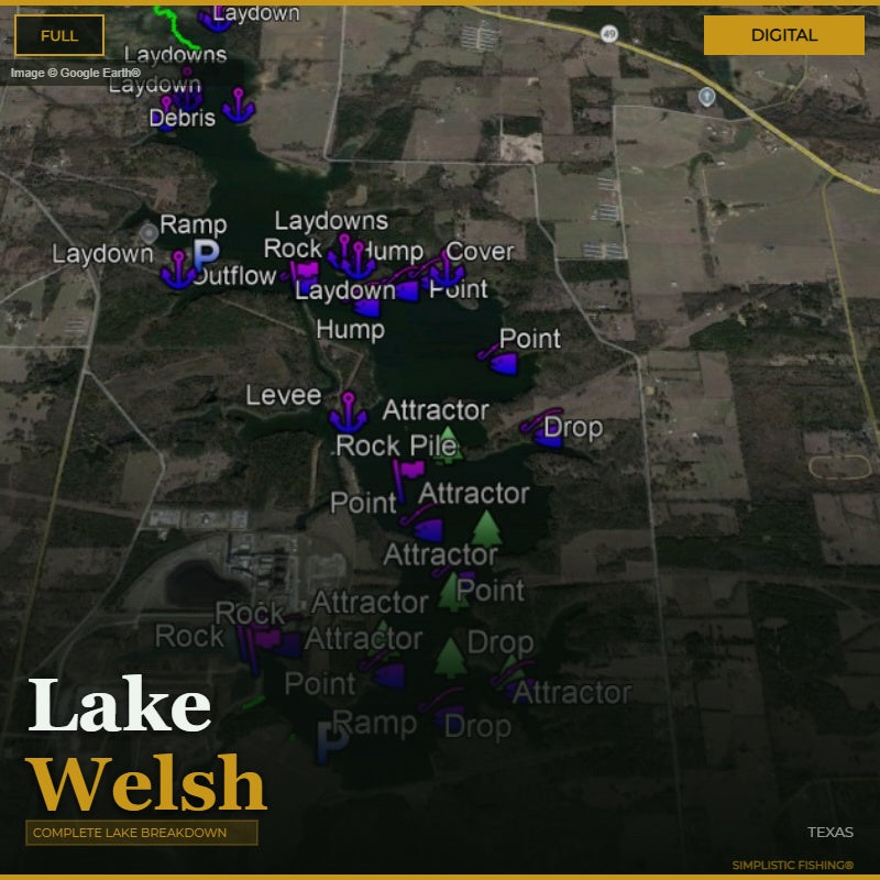 Map of Lake Welsh with various fishing laydowns, ramps, and attractors labeled.
