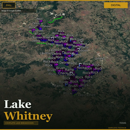 Map of Lake Whitney with various fishing spots marked on a digital display.