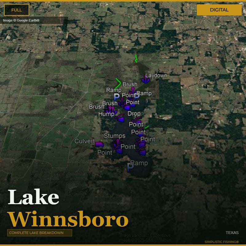 Map of Lake Winnsboro with various points marked on a digital display.