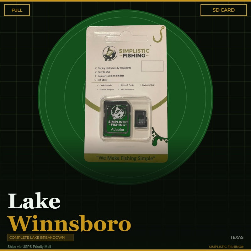 Packaged Simplistic Fishing product on a green circle with 'Lake Somerville' text.
