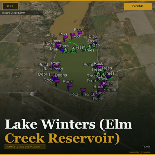 Map of Lake Winters (Elm Creek Reservoir) with various markers on a digital interface.