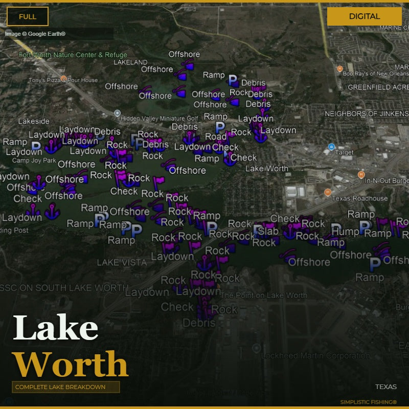 Map of Lake Worth with various markers indicating different types of obstacles or conditions.