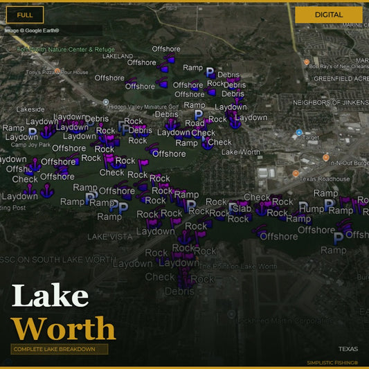 Map of Lake Worth with various markers indicating different types of obstacles or conditions.