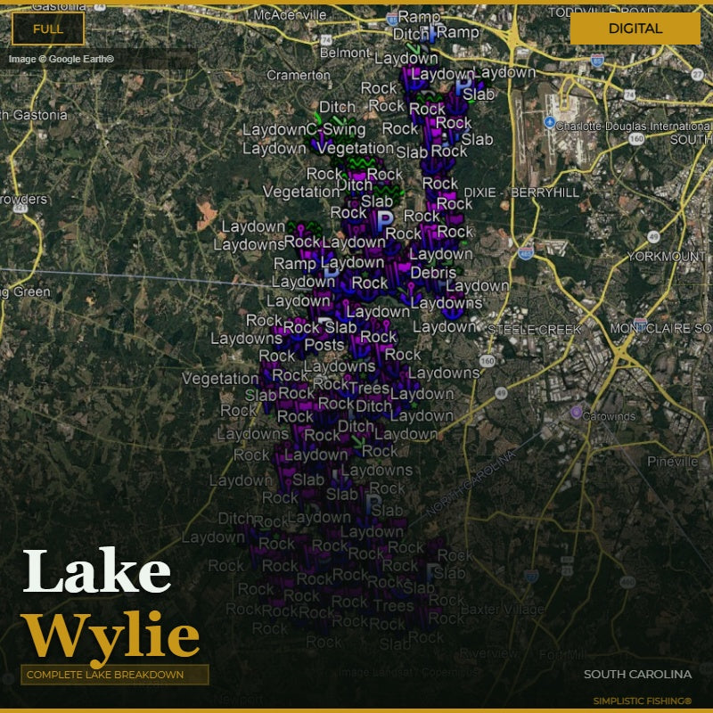 Map of Lake Wylie with various fishing spots marked on a digital interface.