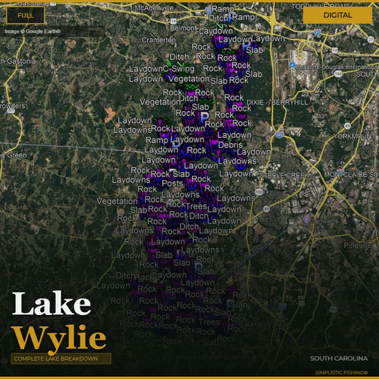 Map of Lake Wylie with various fishing spots marked on a digital interface.