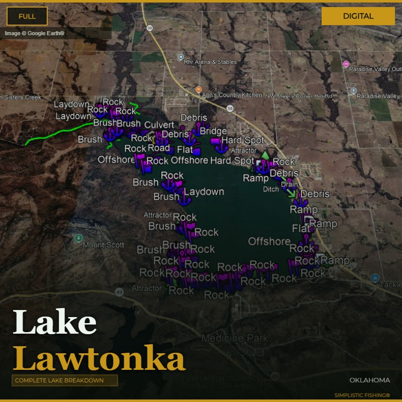 Map of Lake Lawtonka, Oklahoma with bass fishing waypoints and structure labeled on a digital display.