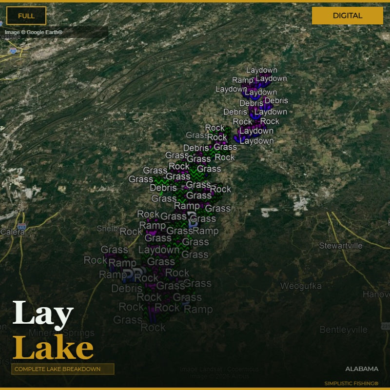 Map of Lay Lake with various types of terrain labeled on a digital interface.