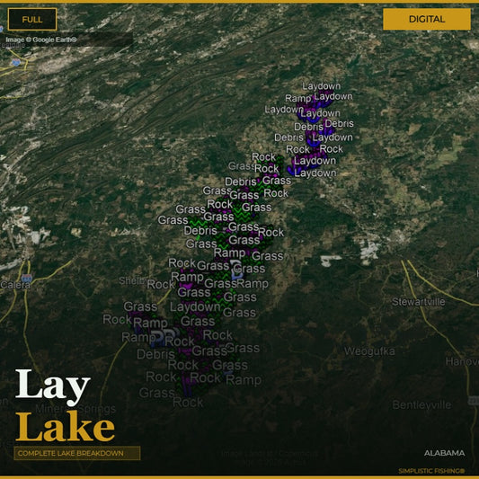 Map of Lay Lake with various types of terrain labeled on a digital interface.