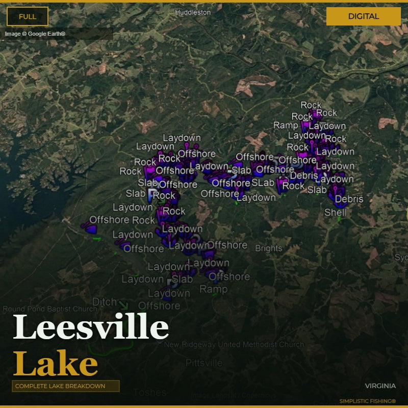Map of Leesville Lake with fishing spots labeled on a digital interface.