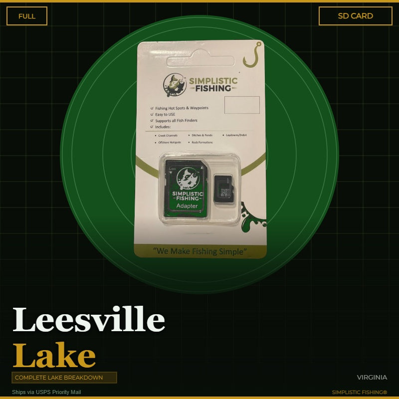 Packaged Simplistic Fishing product on a green circle with 'Leesville Lake' text.