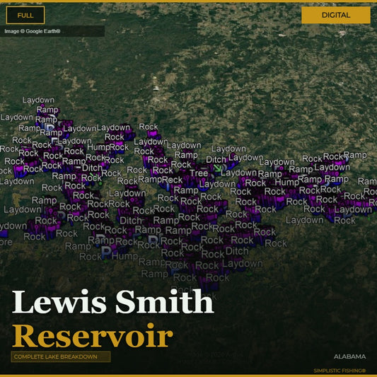 Map of Lewis Smith Reservoir with various fishing spots labeled on a digital display.