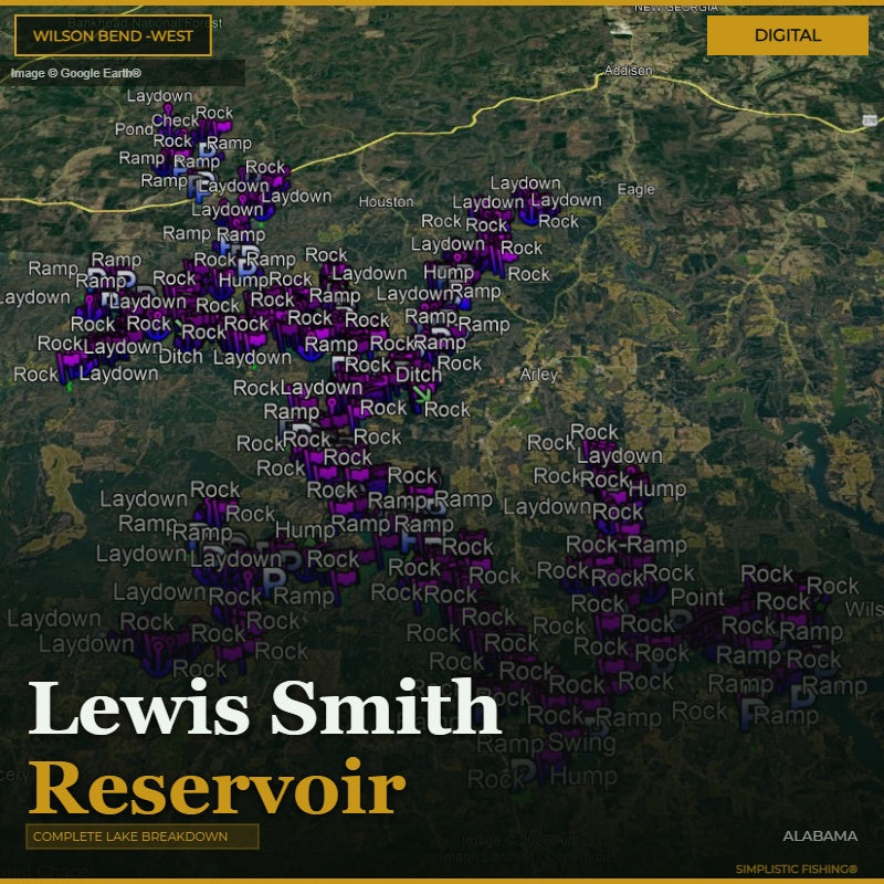Map of Lewis Smith Reservoir with fishing spots labeled on a digital display.