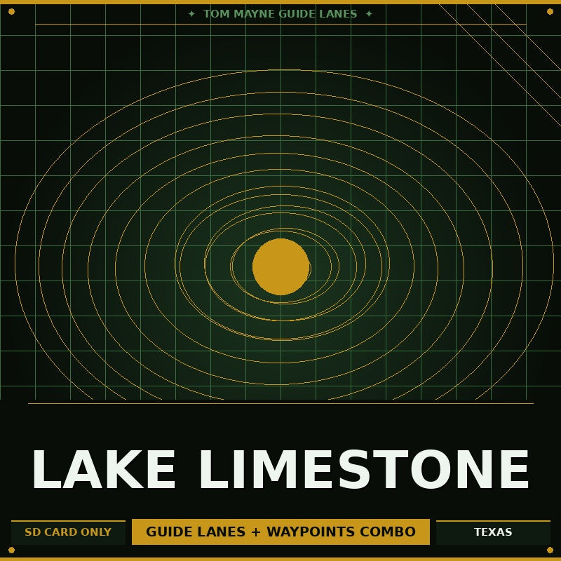 Lake Limestone guide lanes and waypoints combo on a black background with concentric circles and a yellow circle.