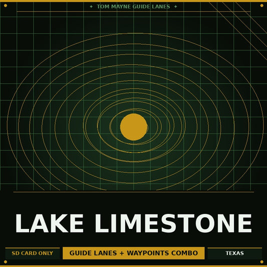 Lake Limestone guide lanes and waypoints combo on a black background with concentric circles and a yellow circle.