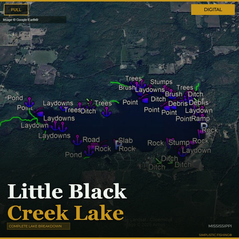 Map of Little Black Creek Lake with various fishing points and features labeled.