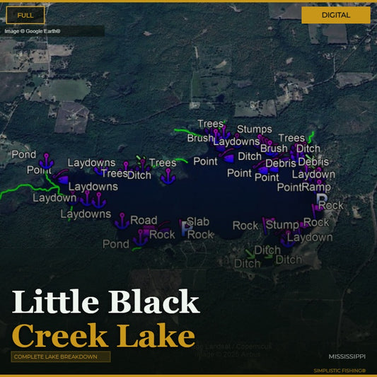 Map of Little Black Creek Lake with various fishing points and features labeled.