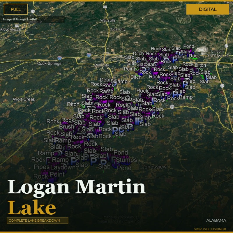 Map of Logan Martin Lake with fishing spots marked on a digital interface