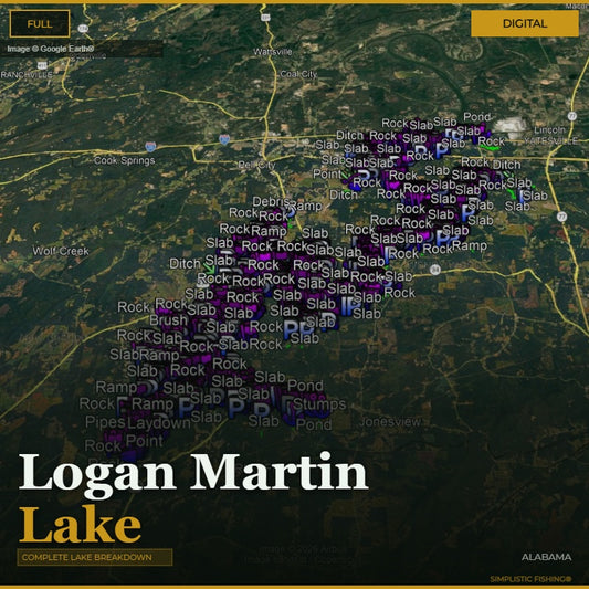 Map of Logan Martin Lake with fishing spots marked on a digital interface