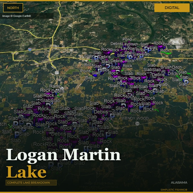 Map of Logan Martin Lake with various labels and a digital watermark.