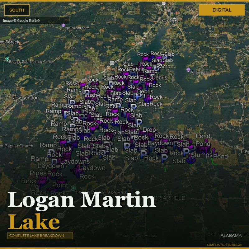 Map of Logan Martin Lake with various points of interest labeled
