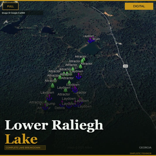 Map of Lower Raleigh Lake with various fishing attractor and laydown points labeled.