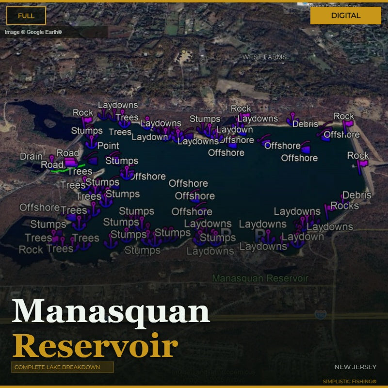 Map of Manasquan Reservoir with various markers indicating different types of features.